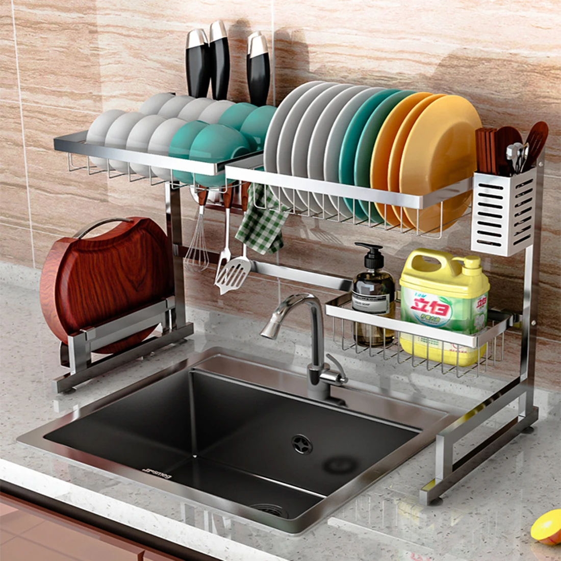 304 Stainless Steel Sink Drain Rack Dish Bowl Drainer Shelf Tableware Organizer Utensils Holder-Single /Double Sink