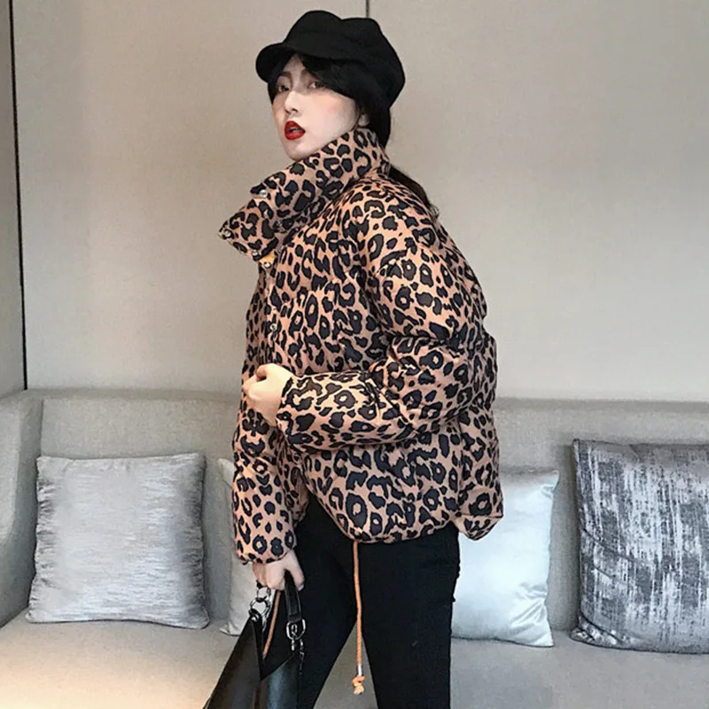 Thick Warm Cotton-padded Jacket Winter Women's New Style Hong Kong Style INS Leopord Pattern Coat High Collar Loose-Fit Cot