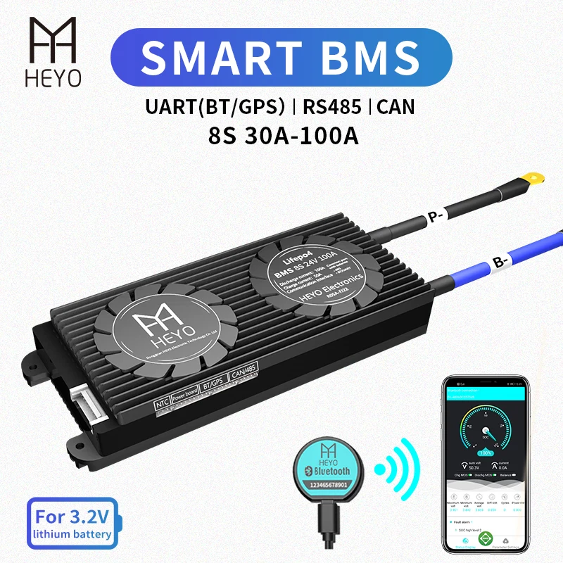 HEYO Smart BMS LiFePO4 8S 24V 30A 40A 60A 80A 100A программное обеспечение Bluetooth BT приложение GPS UART RS485 CAN