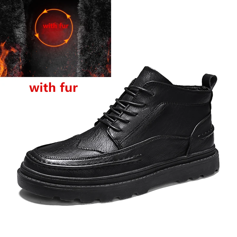black fur Обувь; мужские Ботильоны; уличные кожаные меховые плюшевые теплые зимние ботинки; мужские кроссовки; модные ботинки «Челси» с перфорацией типа «броги»; мужские ботинки; o4 - Цвет: black fur