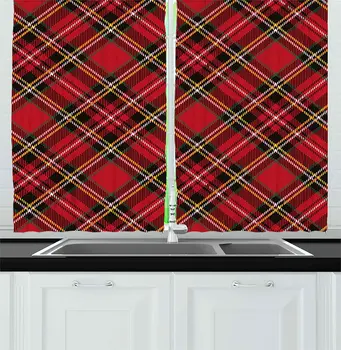 

Multicolor Retro Kitchen Curtains Diagonal Traditional Vintage Scottish Tartan Pattern Striped Checkered Geometric Tile