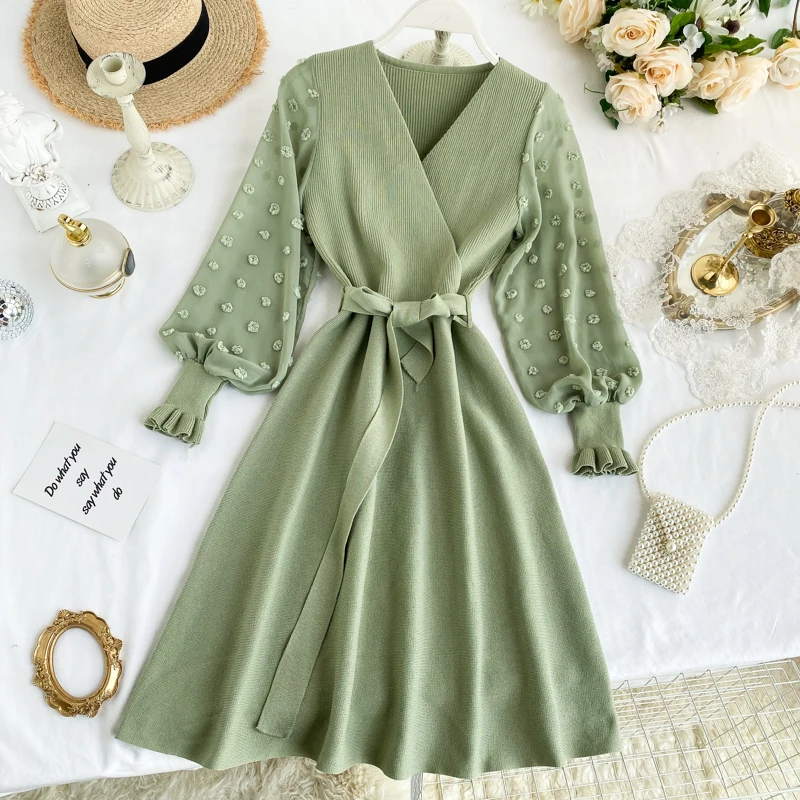 Шифоновое вязаное платье с рукавами в стиле пэтчворк, Весна и зима, новые платья с v-образным вырезом и высокой талией, элегантные однотонные платья - Цвет: green dress