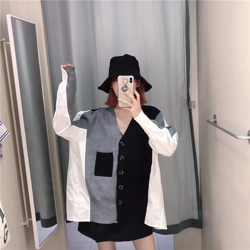 Женский кардиган harajuku, вязаный свитер в стиле пэчворк, однобортный вязаный жакет с карманами, женская вязаная одежда больших размеров