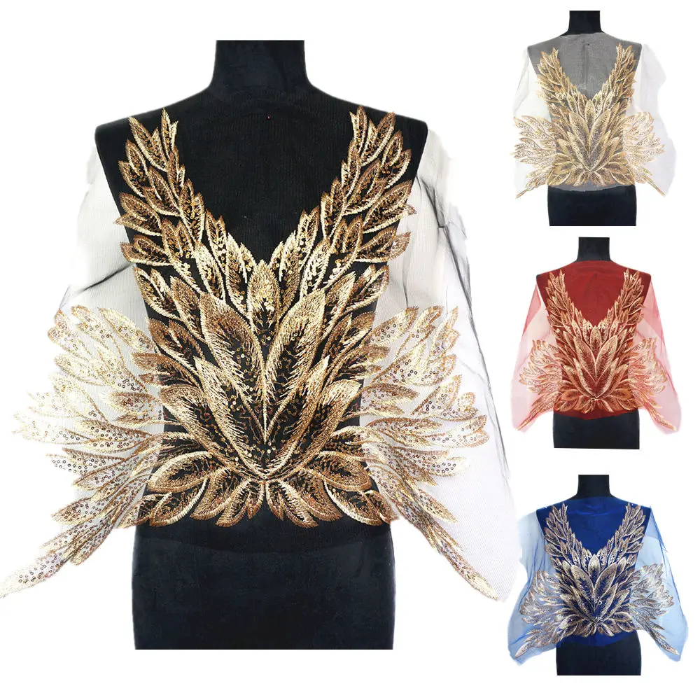 Золотое перо блесток кружевной ткани сетка Вышивка бальное платье Аппликации