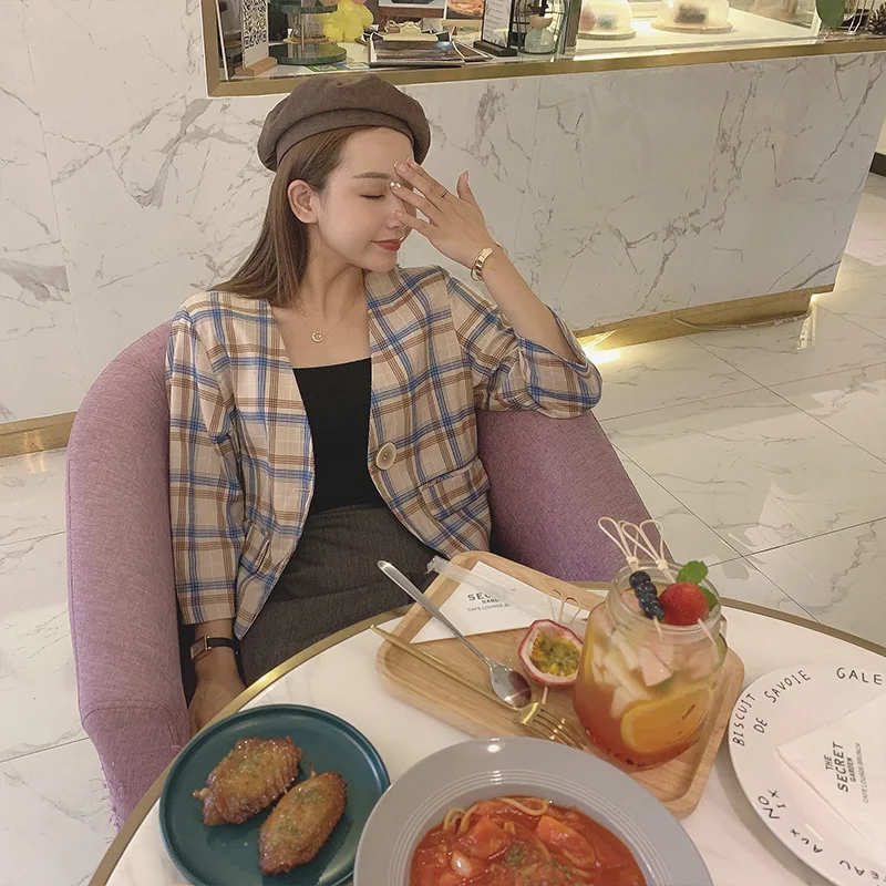 

Extra Short Small Suit Coat Women's 2019 New Style Korean-style Plaid Casual Spring And Autumn Retro Online Celebrity Blazer Fas