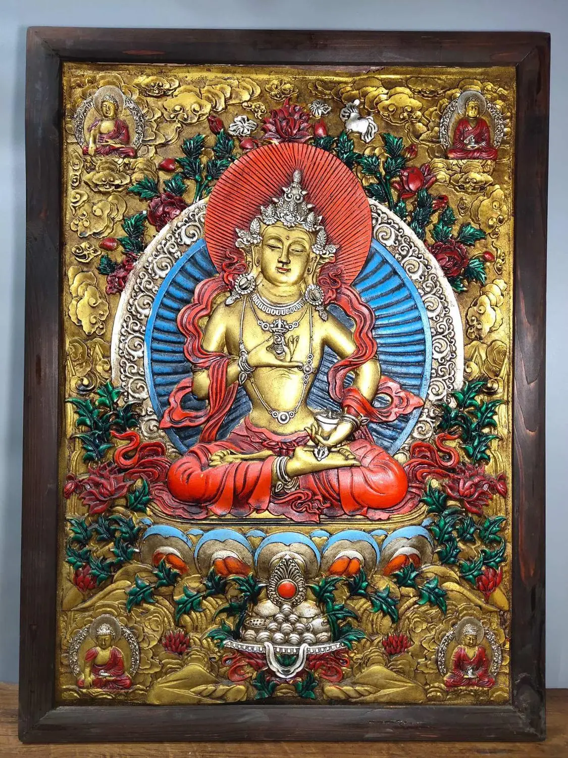 

30" Tibet Buddhism Old Bronze Painted Wooden frame Vajrasattva statue Thangka Enshrine the Buddha Hang screen Thangkas