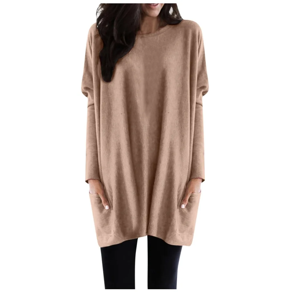 Женские блузки и топы плюс размер 5xl карман сплошной длинный рукав свитер Свободный Длинный пуловер, топы, блузка 9 цветов# YL5
