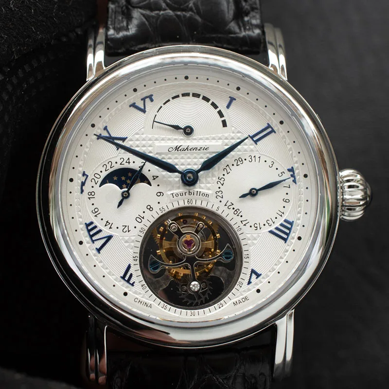 Высококачественные часы с хронографом Pilot Tourbillon, мужские часы с фазой Луны ST8007, модные мужские механические часы с календарем, запас мощности