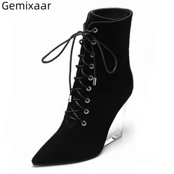 

Women Shoes Point Toe Clear High Wedges Black Flock Mature Walking Bottes Corss Lace Up 2019 Autumn Plus Size Women Boots 35-43
