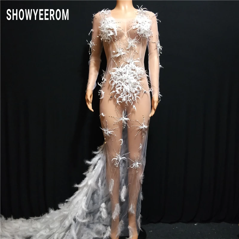perspective Feather Stones Pearls Dress Women Party Prom Outfit Birthday Celebrate Stretch Long Dress Dancer Long Dress