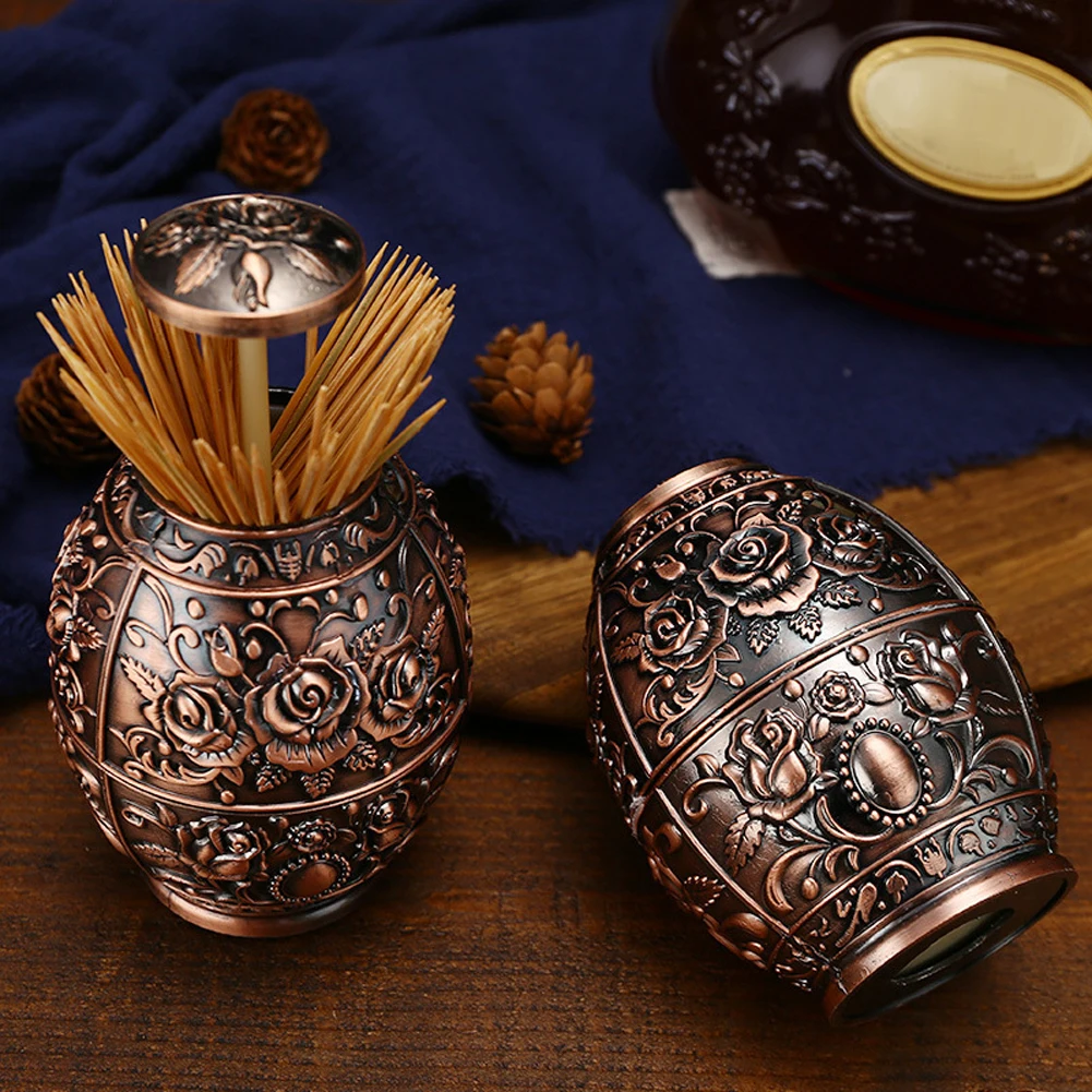 Embossed Pattern Retractable Press Tank Storage Automatic Toothpick Holder Decoration Hotel Home Zinc Alloy Restaurant Retro