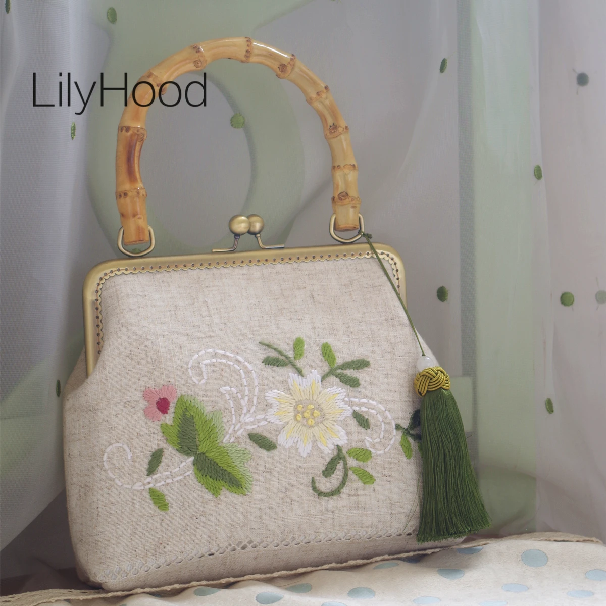 Floral Embroidery Natural Cotton Linen Handbag Female Shabby Chic Rustic Ecology Bamboo Handle Kiss Lock Clasp Messenger Bag | Багаж и