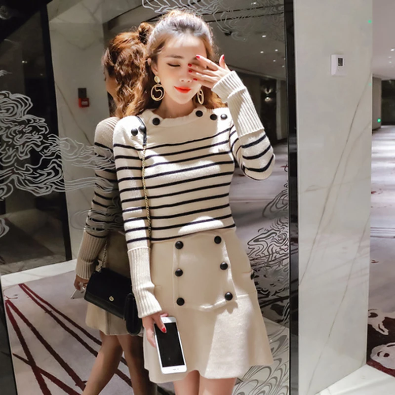 

2019 Winter Striped Sweater and Skirt Set Outfit 2 Piece Set Women Long Sleeve Button Knitted Warm Thick Pullover Sweater Suit