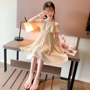 

Pink Fashion Summer Girls Floral Dress Chiffon Off Shoulder Vintage Yellow Flower Girl Dress Princess Robe Kids Dress BW50DR