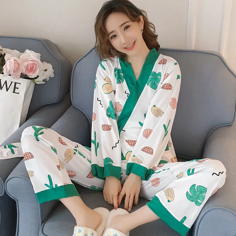 

Japanese Style Pajamas Women's Spring And Autumn Long Sleeve Two-Piece Set Kimono Students Loose And Plus-sized Sexy V-neck Oute