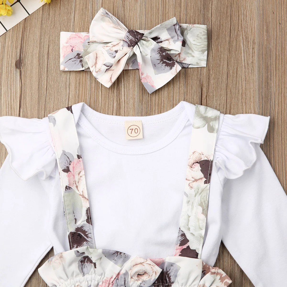 Pudcoco/Одежда для новорожденных девочек; Однотонный комбинезон с длинными рукавами; топы на бретельках с цветочным принтом; короткие штаны; повязка на голову; комплект одежды из 3 предметов