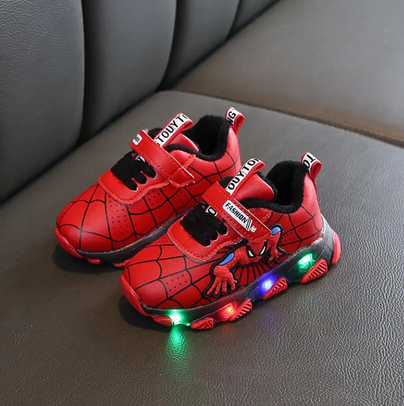 Светодиодная светящаяся детская обувь с человеком-пауком для мальчиков и девочек; светильник для детей; светящиеся Детские кроссовки; кожаная спортивная обувь для мальчиков и девочек; светодиодный светильник - Цвет: Red Warm