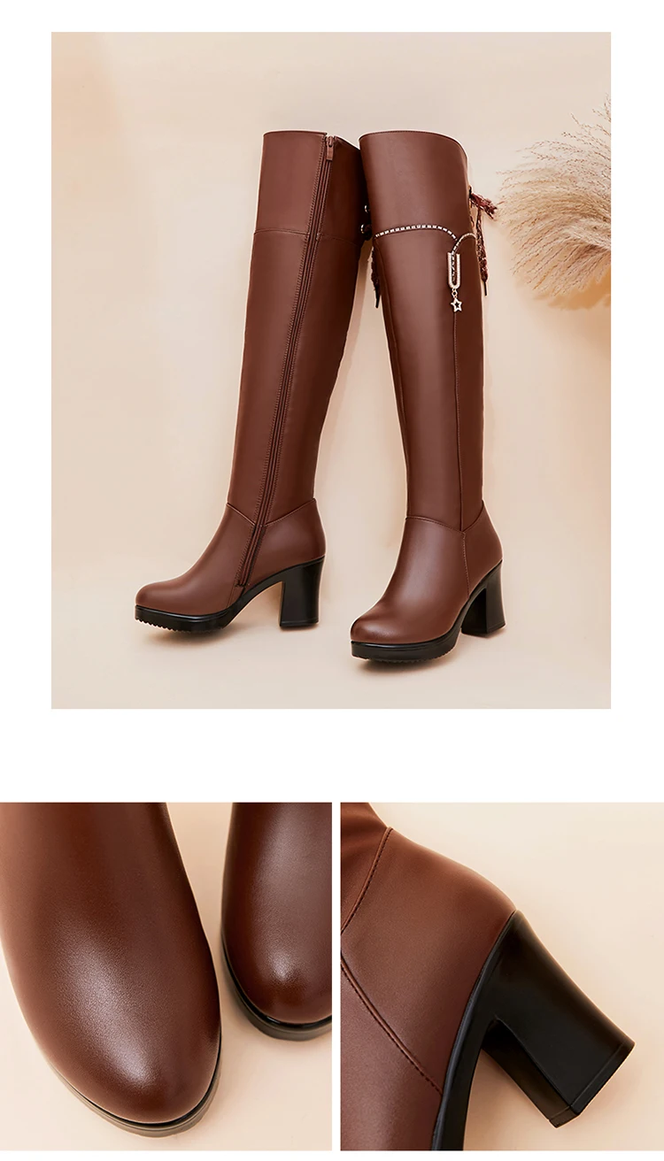 AIYUQI Womens Boots Thigh High Genuine Leather Rhinestone Platform High Heel Black Boots Women Winter Riding Boots