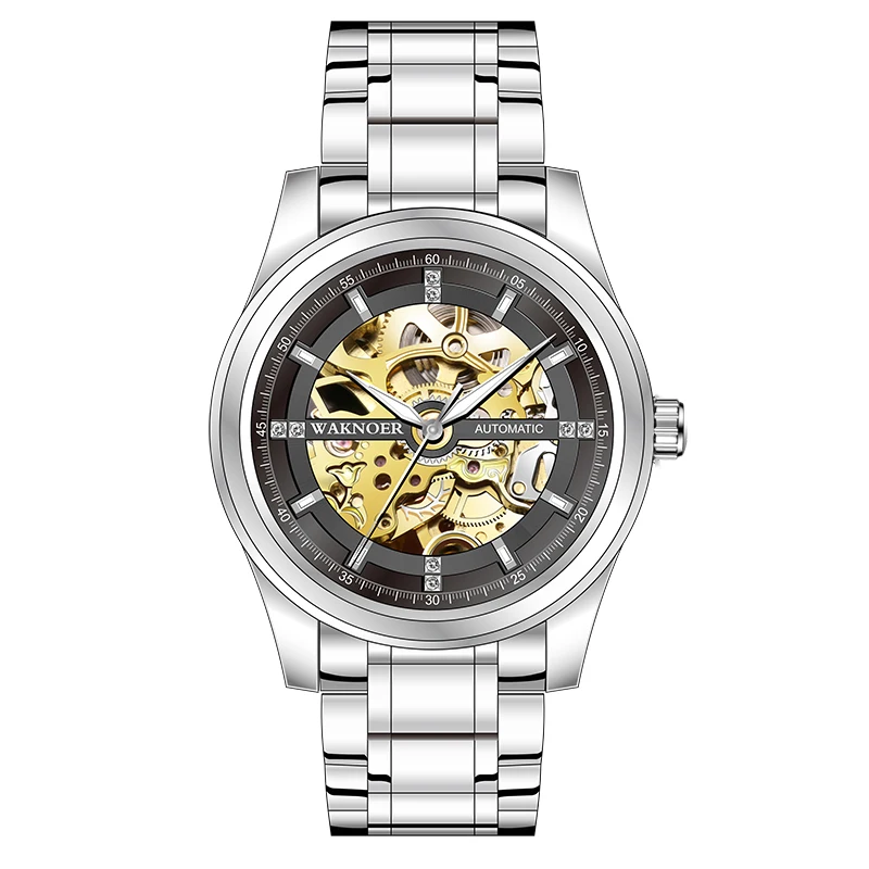 Silver black WAKNOER Стальные Ремешки Мужские механические мужские часы личные водонепроницаемые автоматические часы reloj hombre relogio masculino - Цвет: Silver black