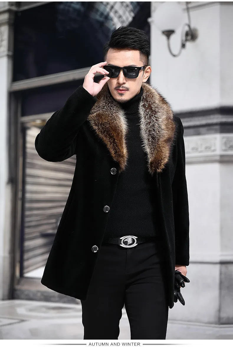 Мужское шерстяное пальто, осенне-зимнее пальто, Мужское пальто с искусственным меховым воротником, мужской зимний Тренч размера плюс M-5XL