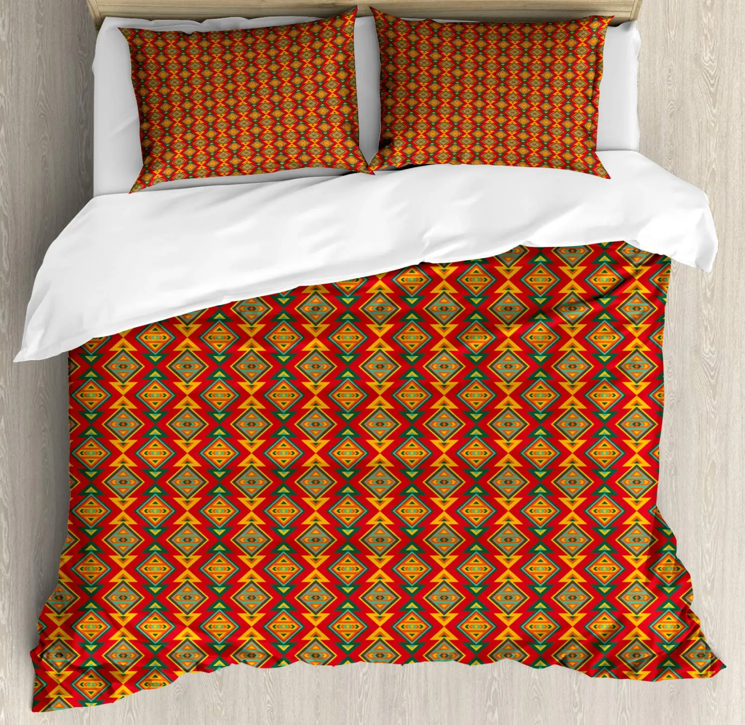 Boho Duvet Cover Set Vertical Tribal Inspired Geometric 3 Piece Bedding Set Vermilion Dark Seafoam Hunter Green And Earth Yellow