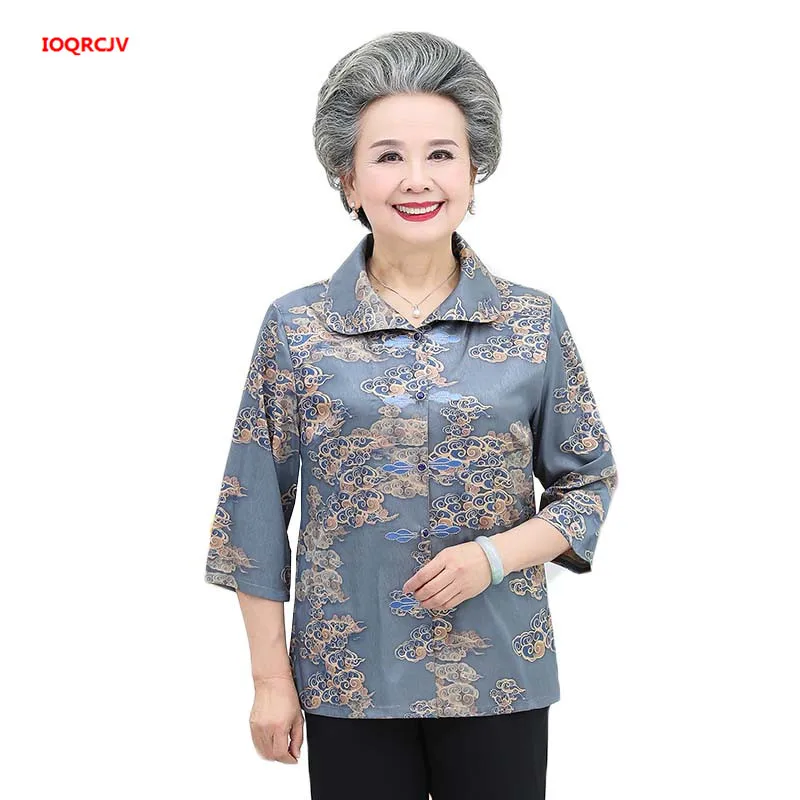 

Large Size Elderly Women Cardigan Shirts Spring Summer Three Quarter Sleeves Chiffon Silk Print Tops Blusa Grandmother Blouse 72