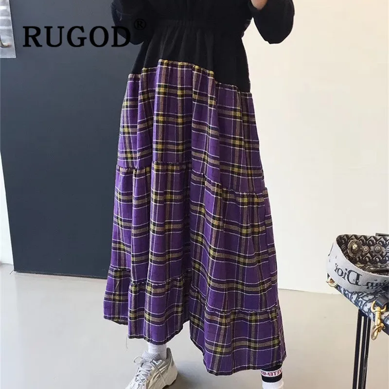 RUGOD клетчатое лоскутное длинное платье для женщин с длинным рукавом свободного размера плюс длинное платье модное корейское шикарное весеннее платье