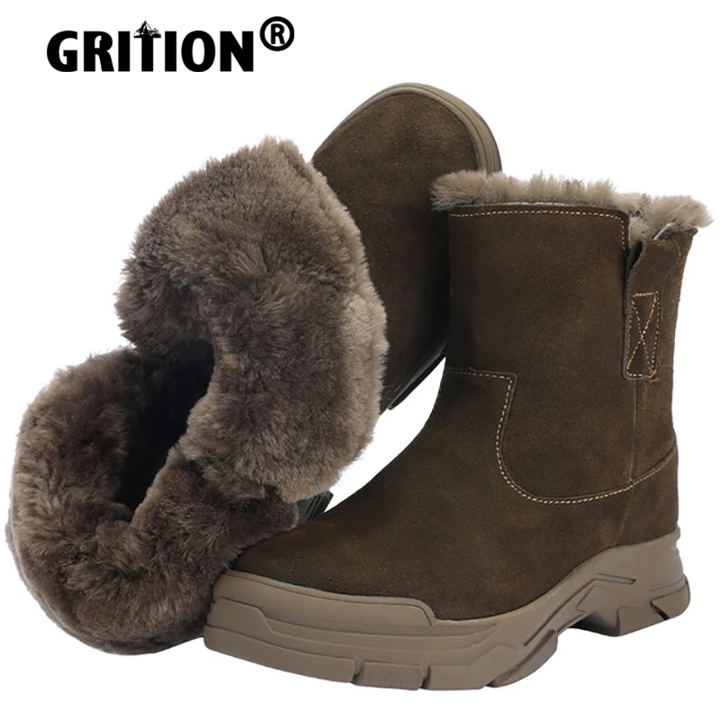 GRITION hombre Botas de invierno de piel de lana caliente Zapatos casuales de cuero genuino impermeable anticongelante de ante de la vaca Unisex 35-46 nuevo
