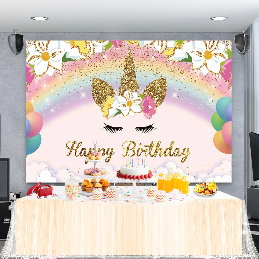 Unicorn Rainbow Happy Birthday Party Backdrop Flower Gold Glitter Unicorn Baby Shower Girl First Birthday Photography Background photo backdrop