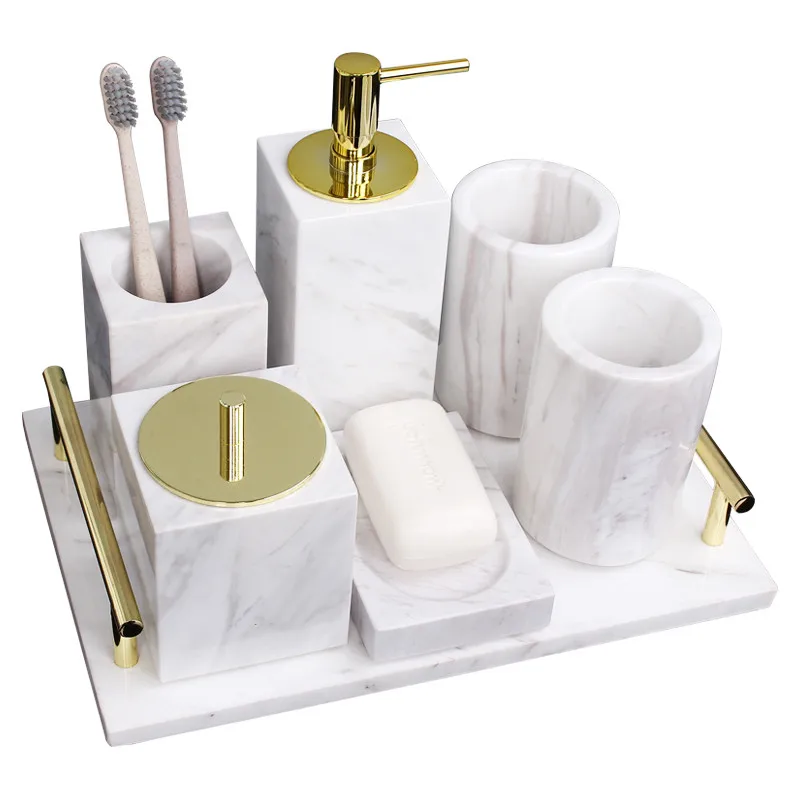 Marble Bathroom Accessories Set Soap Dispensers/Dishes Toothbrush Holder & Gargle Cups Tissue/Cotton Swab Box Tray Wedding Gifts