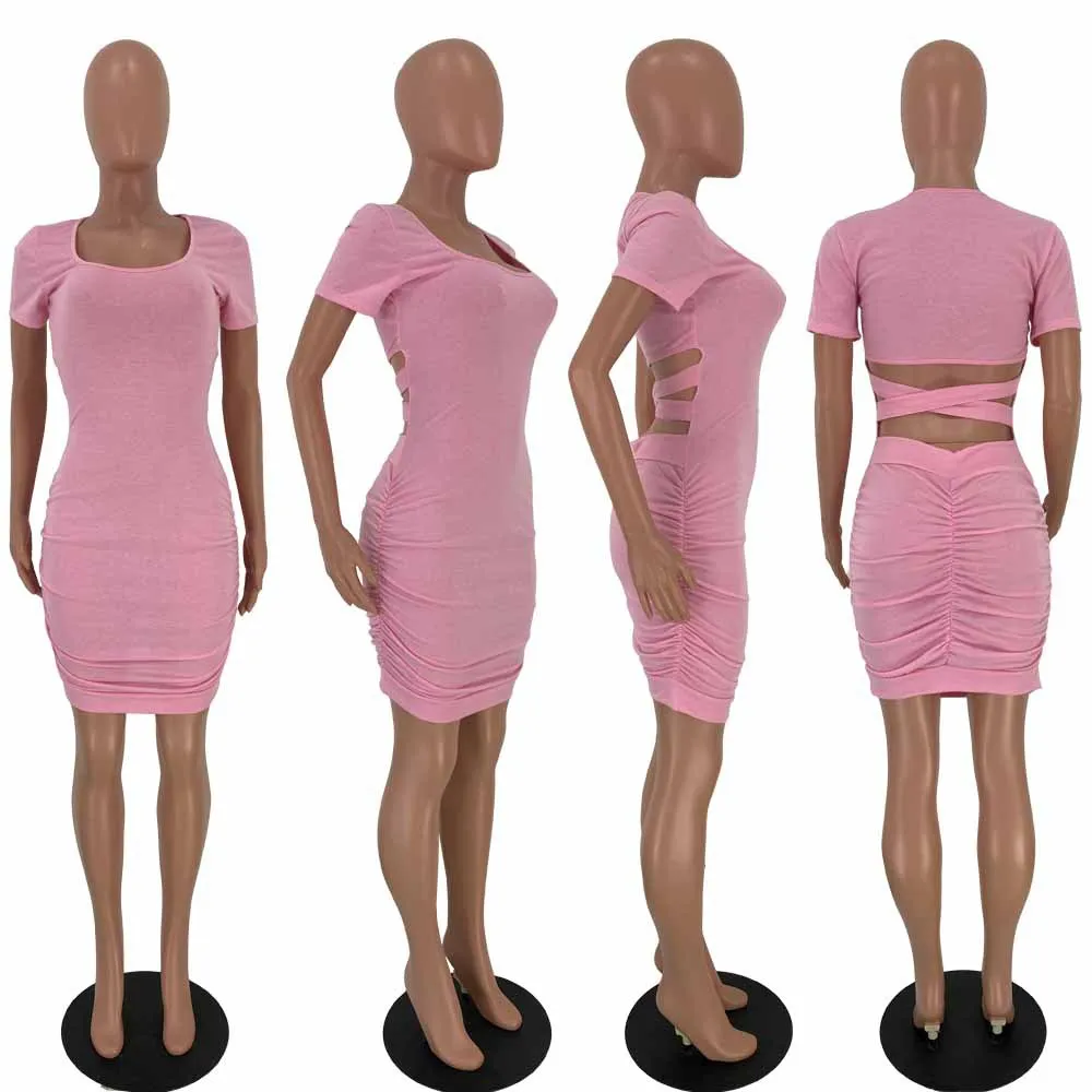 2020 Women Summer Elegant Mini Dress High Waist Cross Open Back Stacked Ruched Midi Bodycon Night Club Party Dresses Vestido
