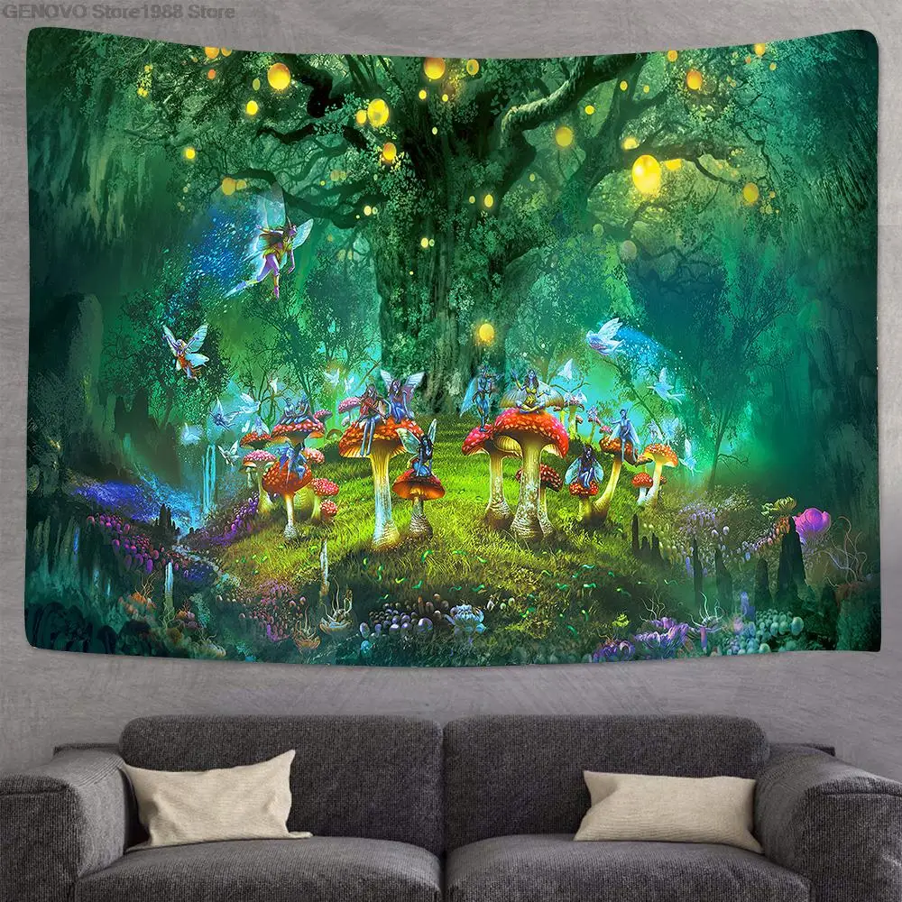

Fantasie Pilz Wald einhorn Burg Tapisserie Märchen Trippy Bunte Schmetterling Elfen Wand Hängende Tapestry für Wohnkultur