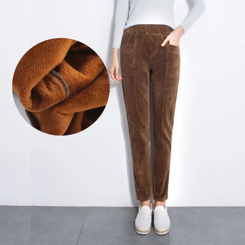 Женские эластичные штаны-шаровары с высокой талией; сезон осень-зима; женские теплые хлопковые повседневные брюки; бархатные овечьи шерстяные вельветовые брюки; HK230