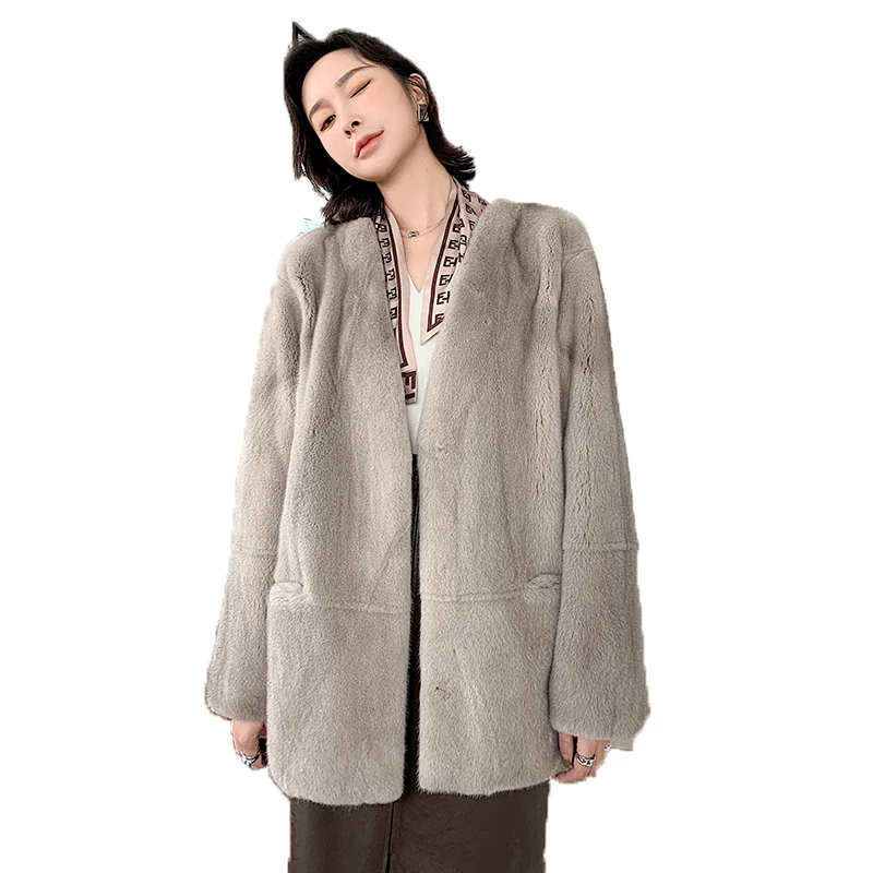 

Fstmxur 2021 Весна Зима Копенгаген импорт Velvt норковая шуба женская с длинным рукавом V-образным вырезом однотонная мягкая короткая норковая шуба