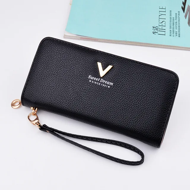 2021new ladies pu leather long wallet zipper wallet women fashion high-quality large-capacity mobile phone bag card bag wallets Black