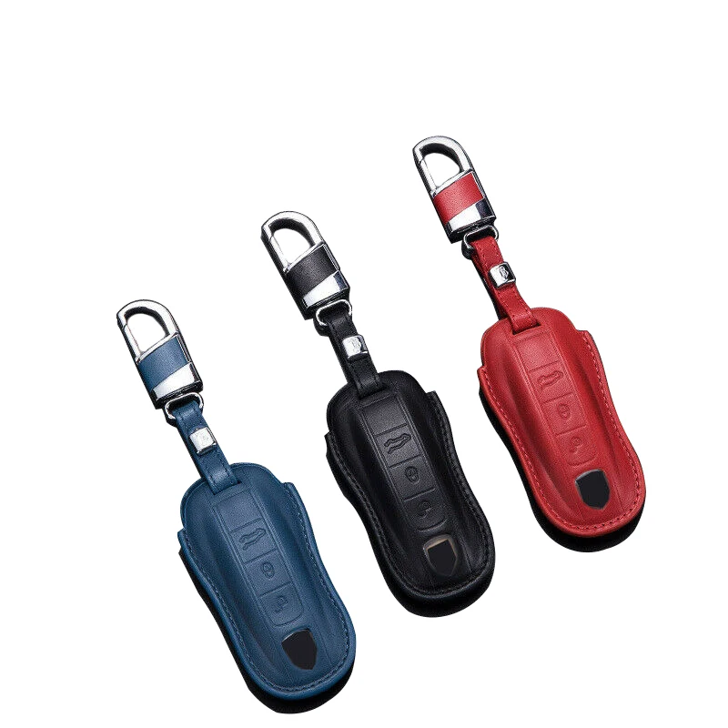 

1 X Real Leather Smart Key Fob Full Cover Holder Case Chain For Porsche Cayenne Panamera Taycan Auto Accessories