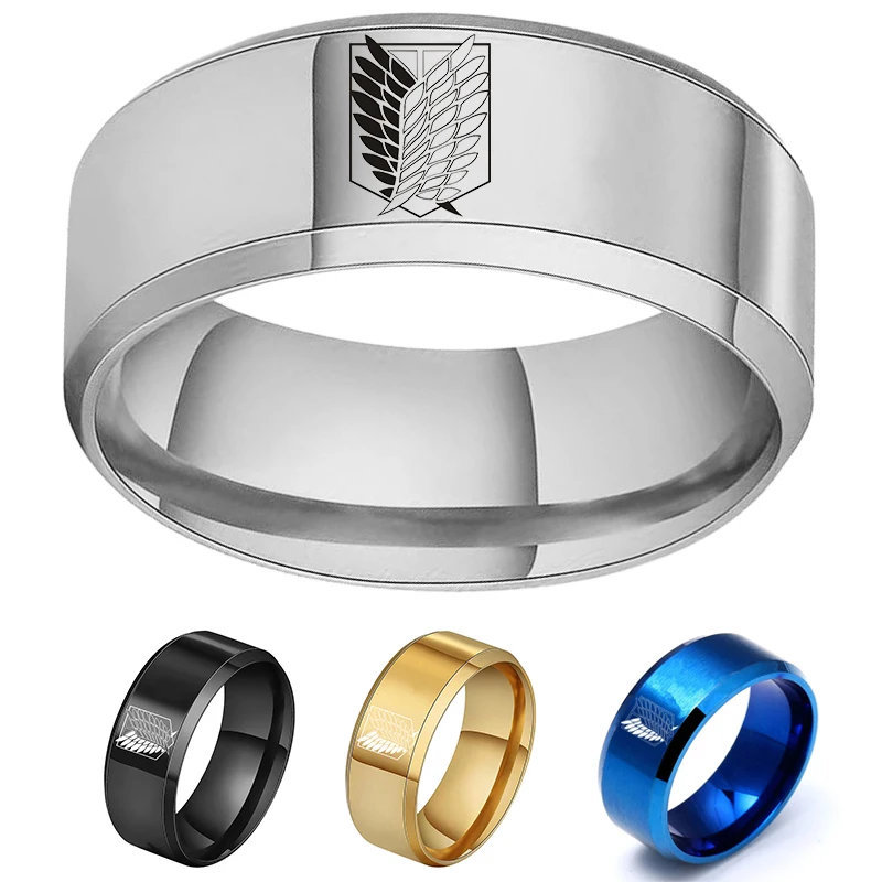 Anillo de acero inoxidable con diseño de alas de la libertad para hombre y mujer, sortija, plata, color negro, Anime, Attack on Titan