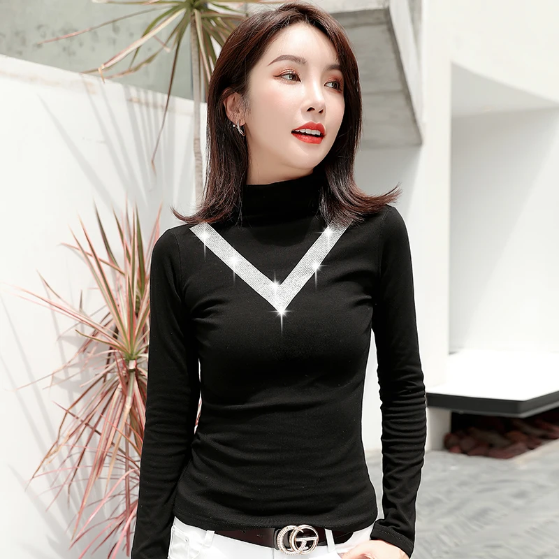 

Plus Size Shirts For Women Solid Turtleneck Full Diamonds Tops Shirts Winter Cotton Office Lady 2020 New Elegant Casual Shirts