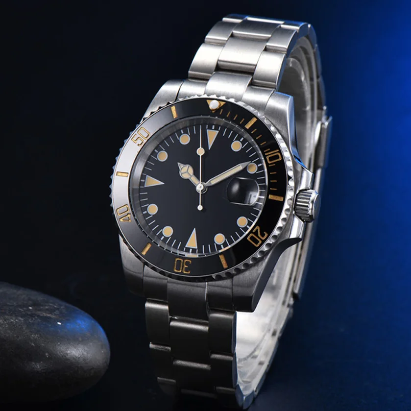 Sterile black orange nail surface men's automatic mechanical watch stainless steel color black ceramic ring
