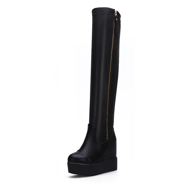 Side Zipper Knights Boot Women Height Increasing Platform Winter Shoes Woman Stretch Febric Wedges Knee High Snow Boots WB067 black-5