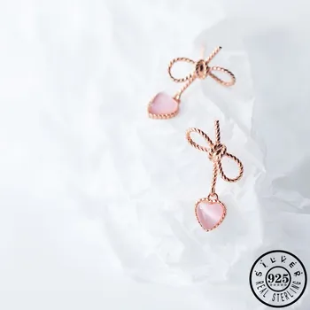 

925 Sterling Silver Heart Shape Pink Cat's Eye Stone Earings Rose Gold Color Plated Bowknot Shape Dangle Drop Earring for Women