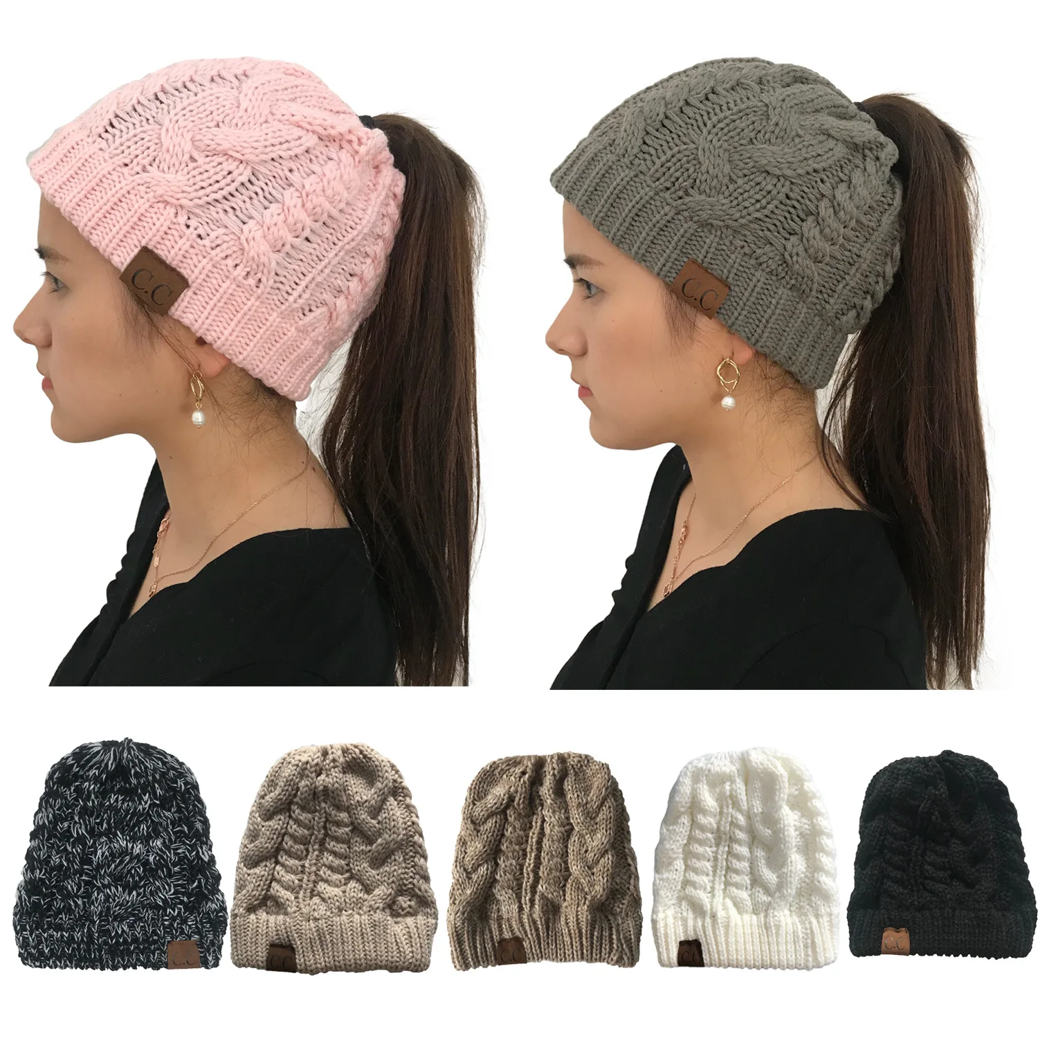 European and American autumn and winter hats pop-up twist knitted ponytail hat lady's woolen hat