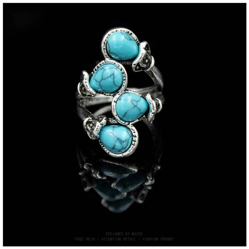 Fashion Bohemia Calaite Stone Rings Tibet Antique Silver Color Rings Alloy Carving Rings Leaf Branch Finger Rings For Women