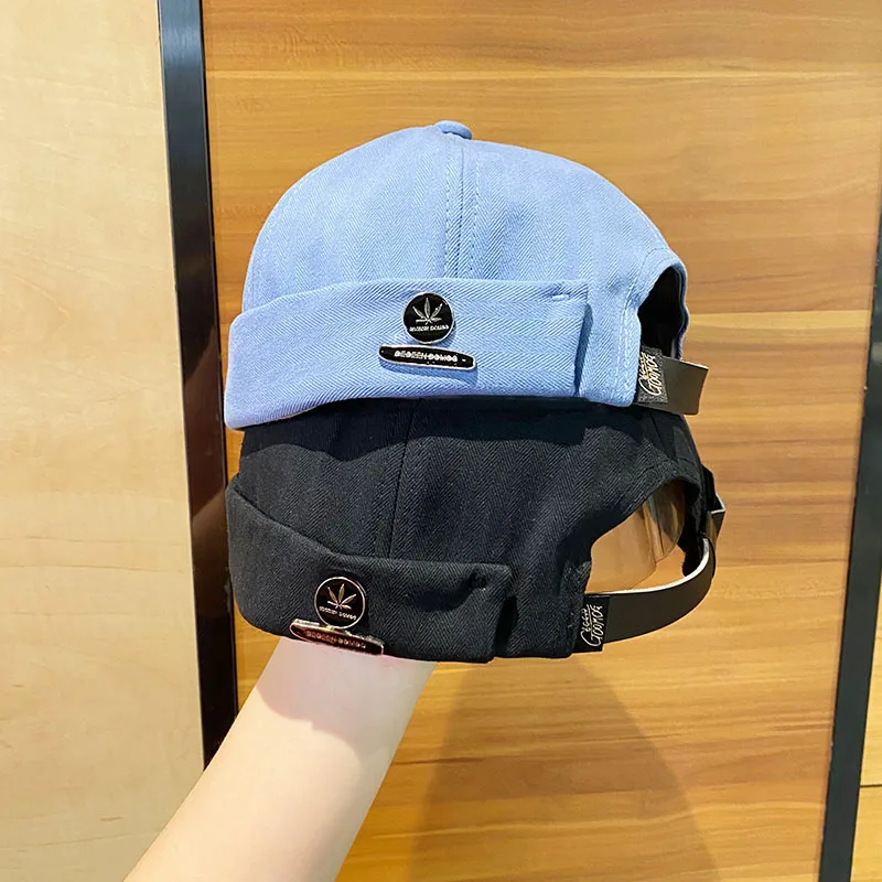 

Men's Japanese Melon Leather Hat Summer Thin Metal Label Retro Hip Hop Beanie Hat Korean Youth Street Fashion Landlord Hat