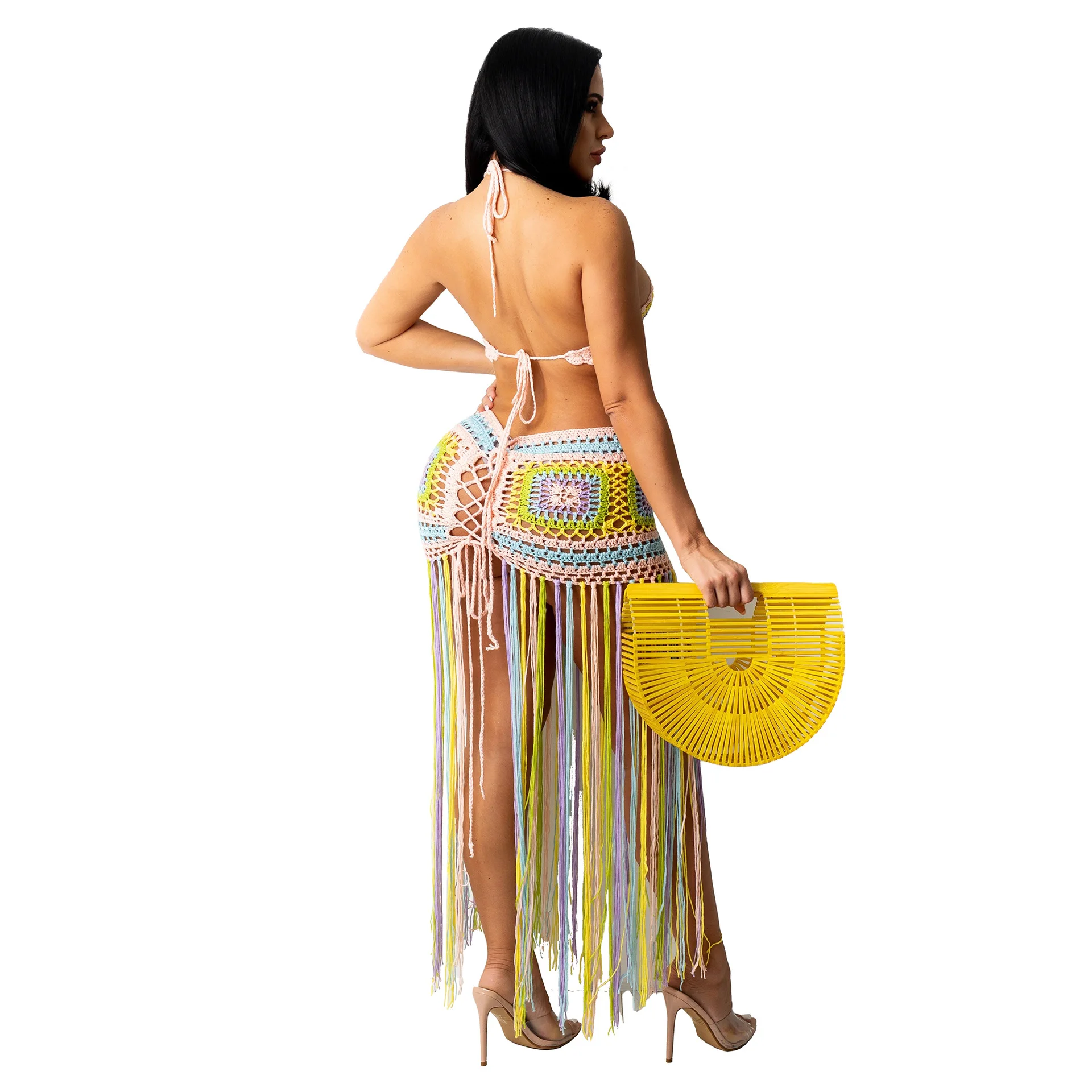 Women Sexy Knit Swimwear Backless Crochet Maxi Dress Cover Up Summer Long Beach Dress Vacation Hollow Out Mesh Sundress bathing suits and cover ups