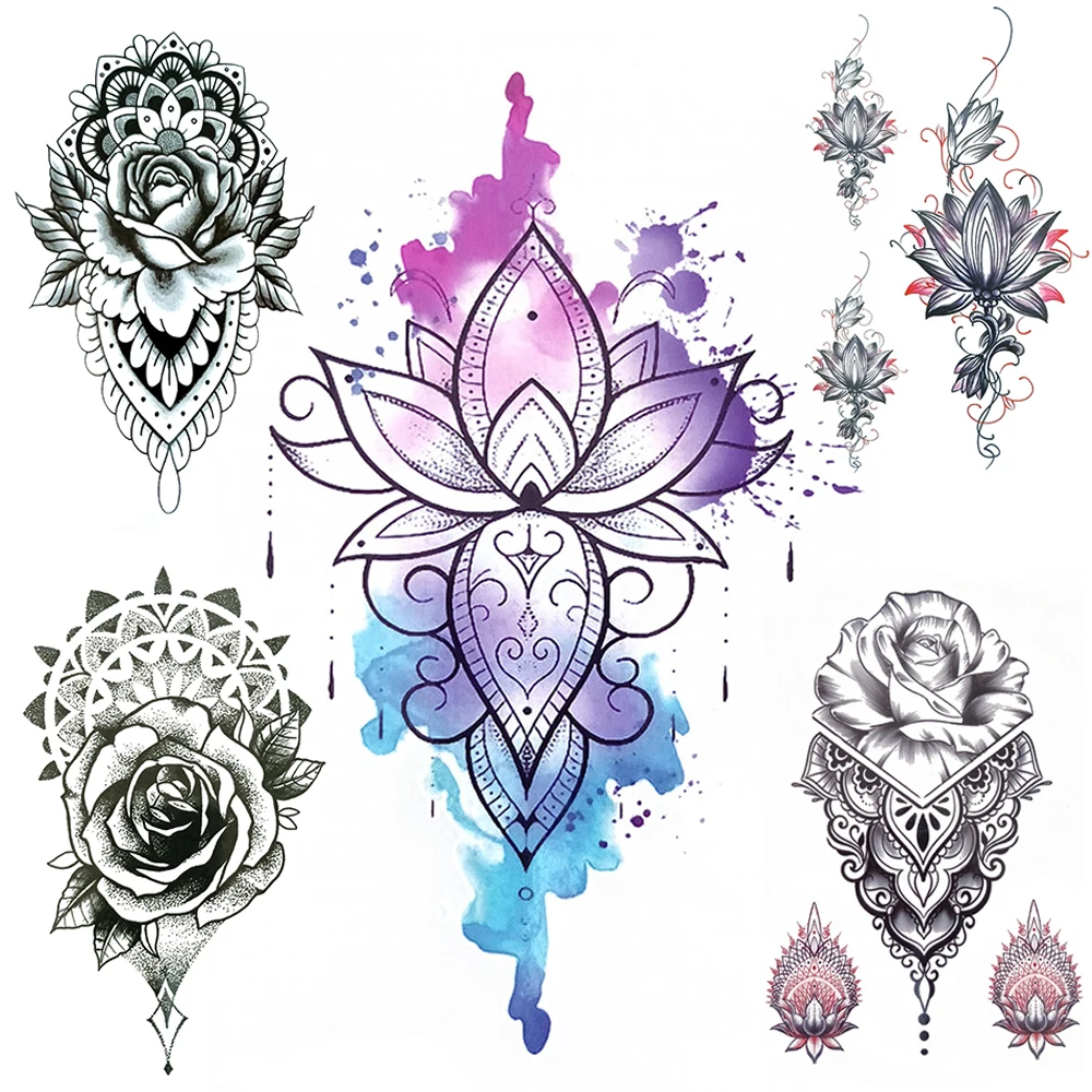 Watercolor Lotus Fake Temporary Tattoos For Women DIY Mandala Henna Rose Flower  Tattoo Chest Hand Lace Waterproof Pendants Tatoo - AliExpress