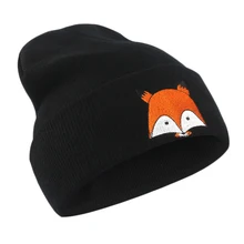Модная вязаная шапка с рисунком лисы для женщин и мужчин, зимние теплые вязанные шапочки с вышивкой, вязаная шапка, уличная дорожная шляпа для девочек