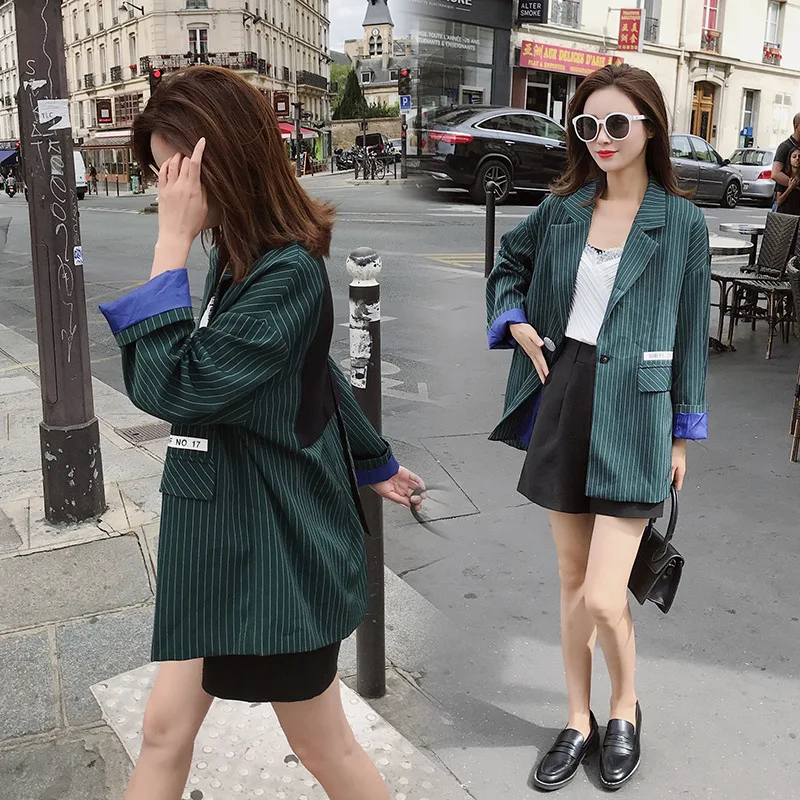 

Photo Shoot Spring And Autumn New Style Korean-style INS Stripes Casual Small Suit Women's Thin Suit Hong Kong Flavor Retro CHIC