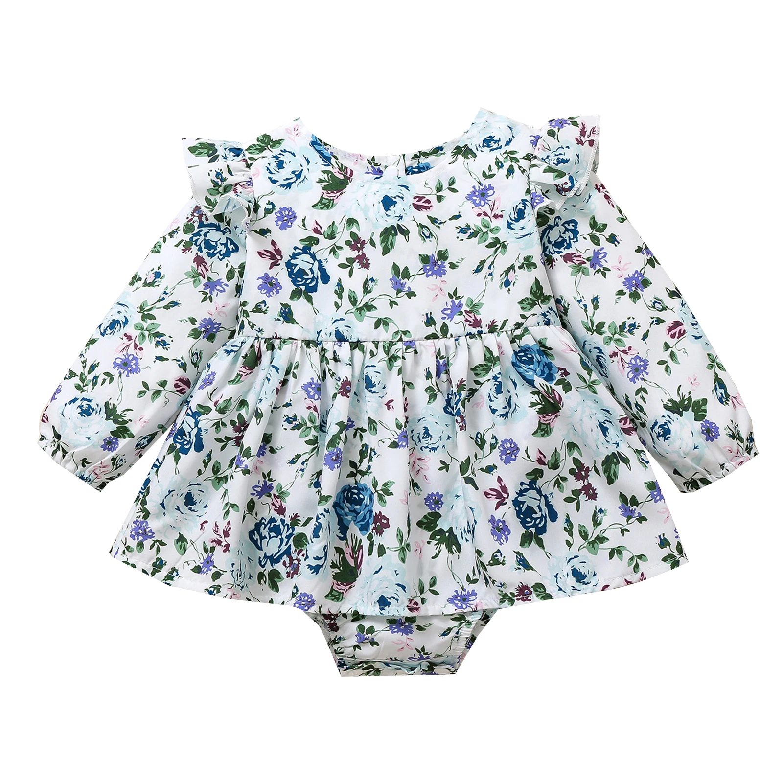 Baby Girls Casual Romper Blue Floral Printed Cotton Long Fly Sleeves