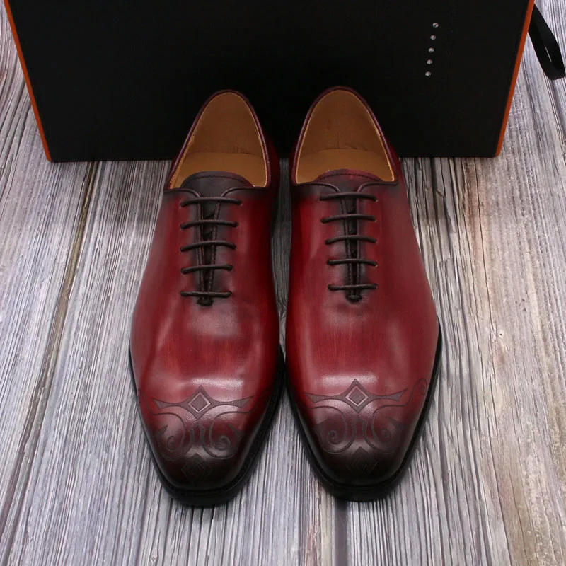 Классические роскошные мужские туфли-оксфорды мужские красные модельные туфли из натуральной кожи, Раскрашенные вручную, на шнуровке Свадебные вечерние туфли